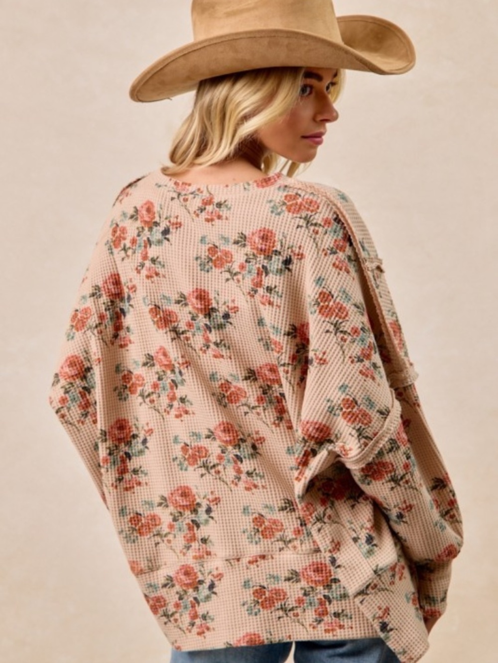 BIBI NWT Floral Waffle Knit Pullover Top Boho Cottagecore IT3426G - Picture 6 of 8